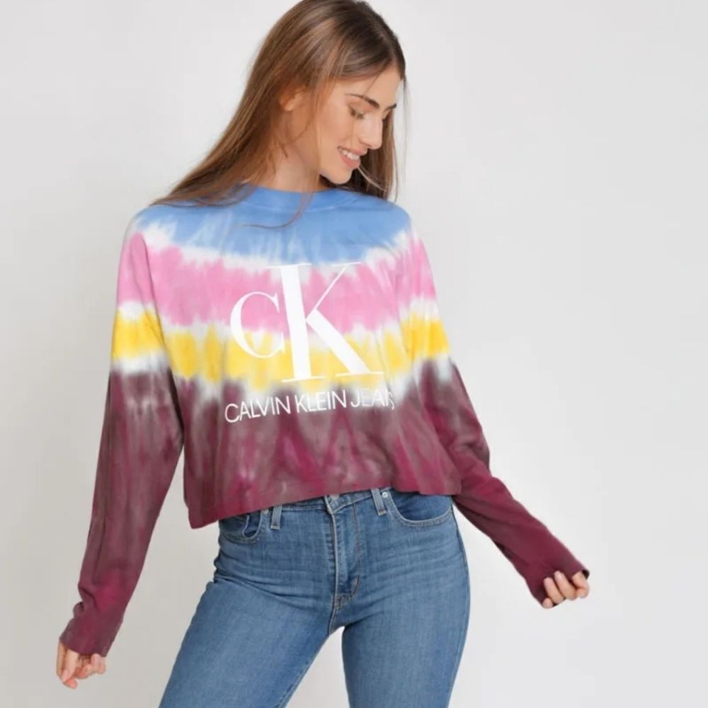 Calvin Klein Long Sleeve Cropped Tie Dye T-shirt Multi Color Size Medium
